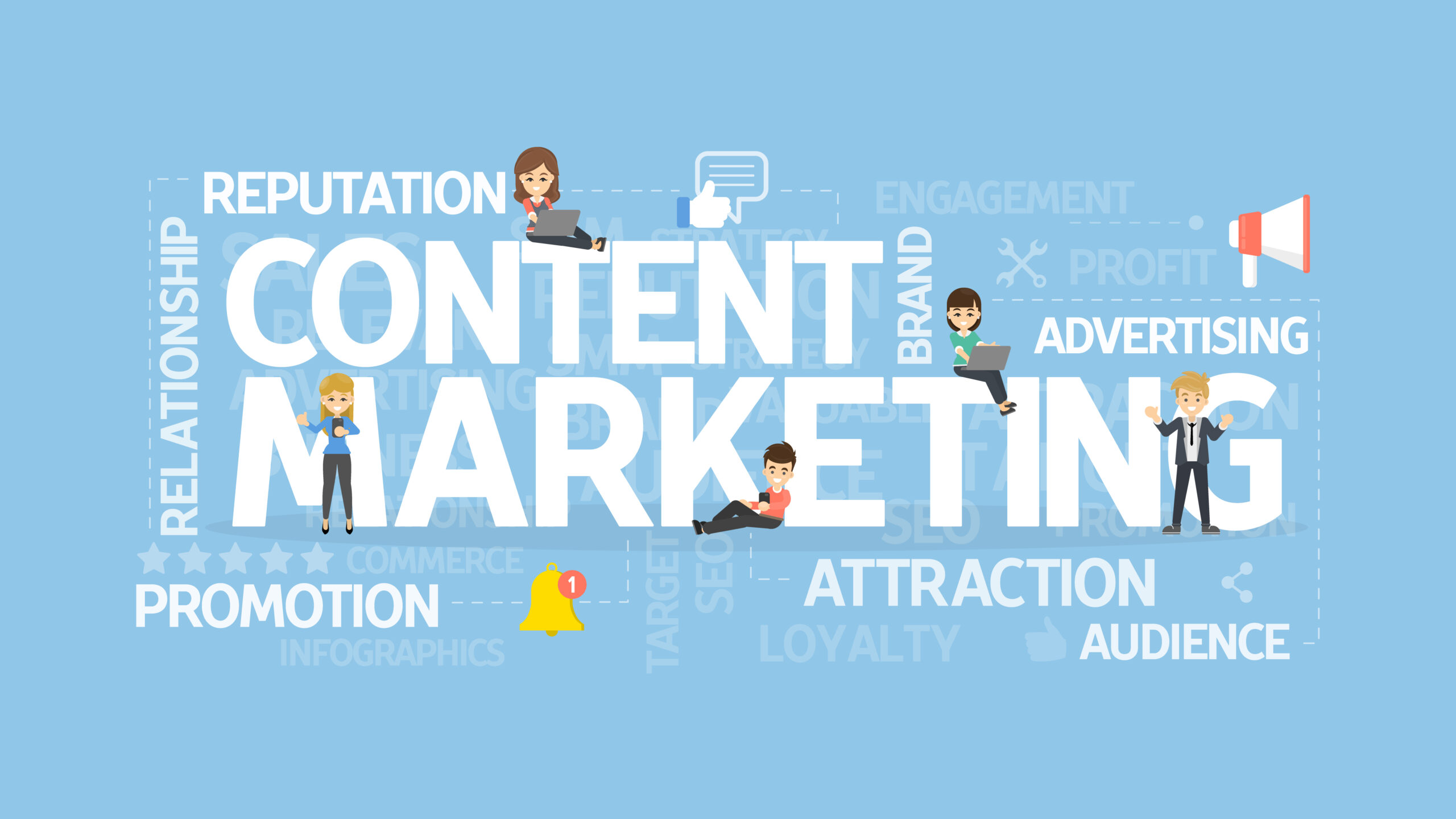 Content marketing concept illustration. Idea of promotion, content and reputation.
